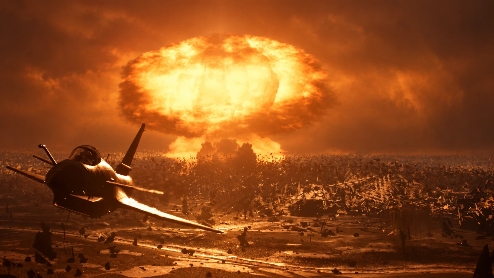 A jet climbs away from a mushroom cloud — an edited image from my match